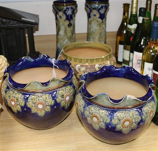 Pair of Royal Doulton Art Nouveau vases, pair of jardinieres and a Slaters Patent jardiniere